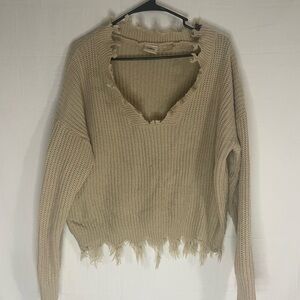 Daytrip Beige V-Neck Distressed Sweater